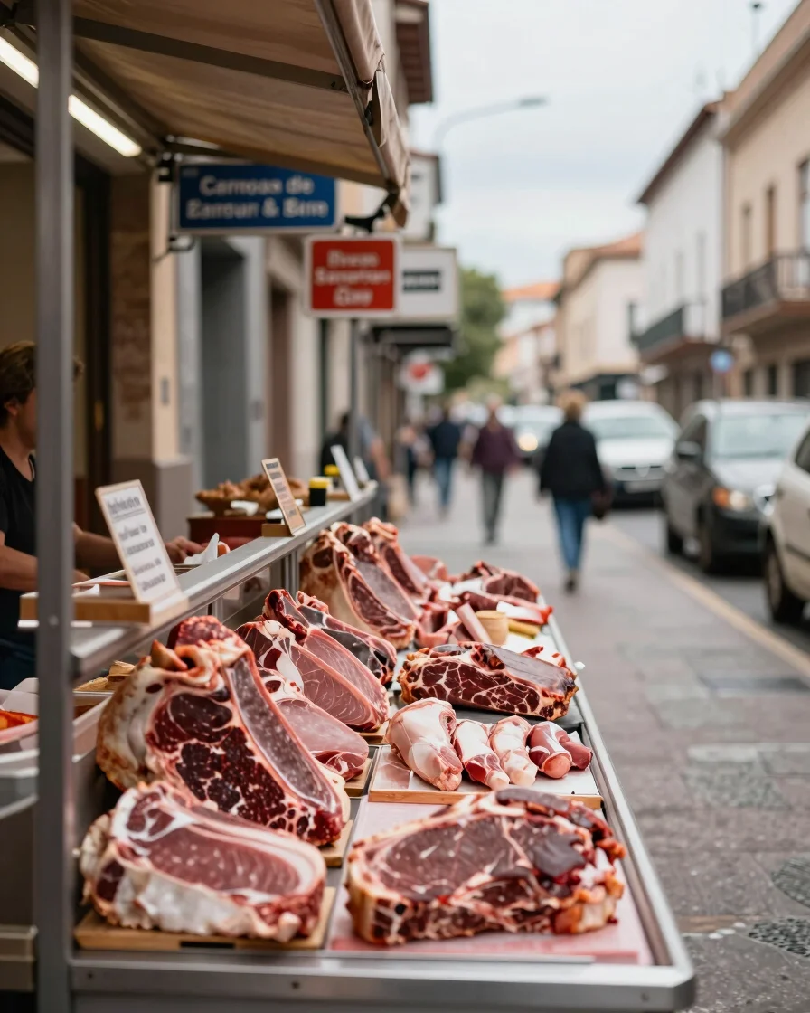 Mostrador de carnicería de barrio ordenado con cortes presentados con limpieza, luz interior suave y equilibrada, señale