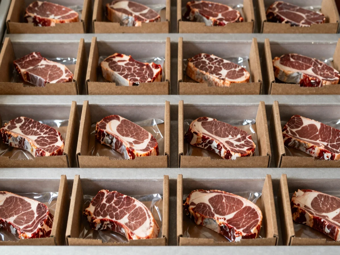Caja de cartón con cortes de carne envasados al vacío en una cáma